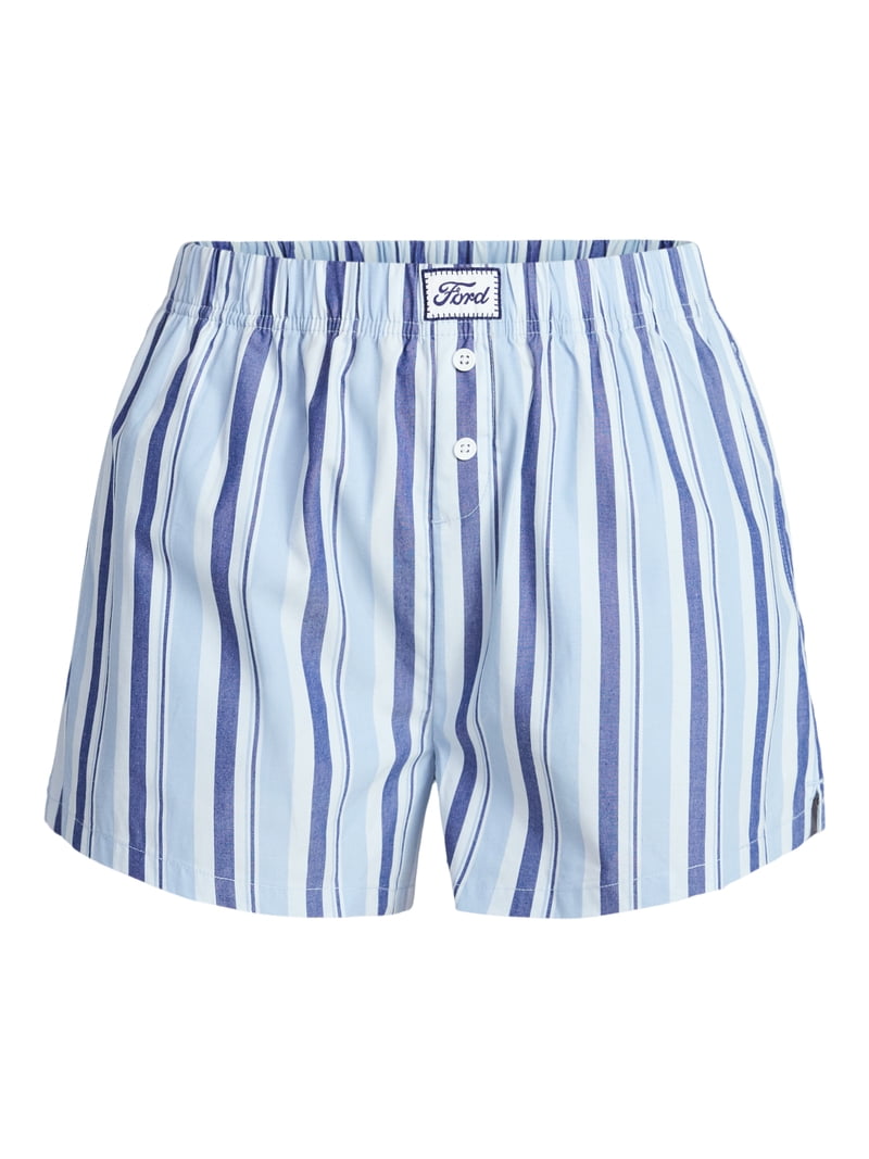 Ford Women's Striped Cotton Boxer Shorts with Logo Patch, Sizes