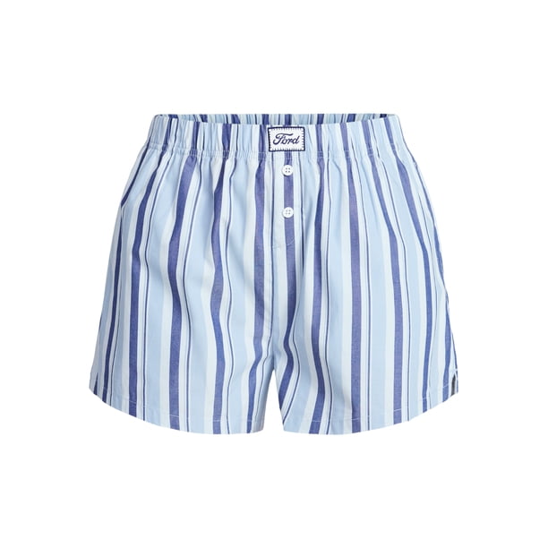 Ford Women's Striped Cotton Boxer Shorts with Logo Patch, Sizes
