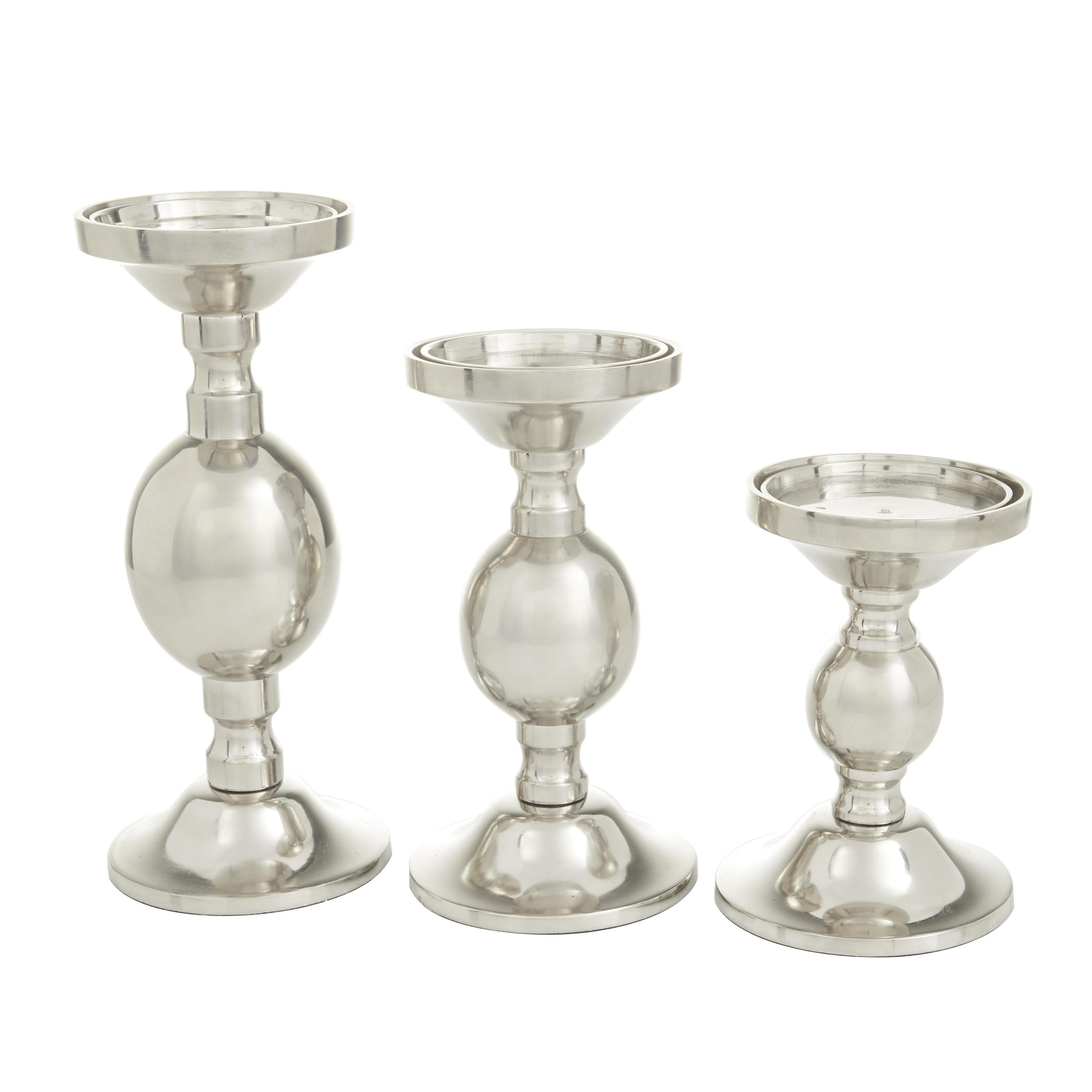 DecMode 3 Candle Silver Aluminum Metal Pillar Candle Holder, Set of 3