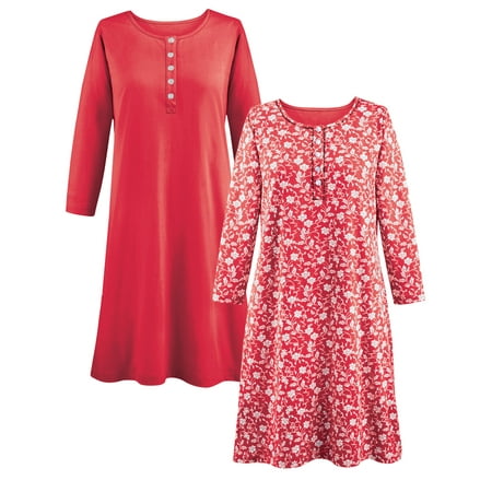 

Collections Etc Women s Button-Front Henley Nightgowns - Set of 2 Red Large
