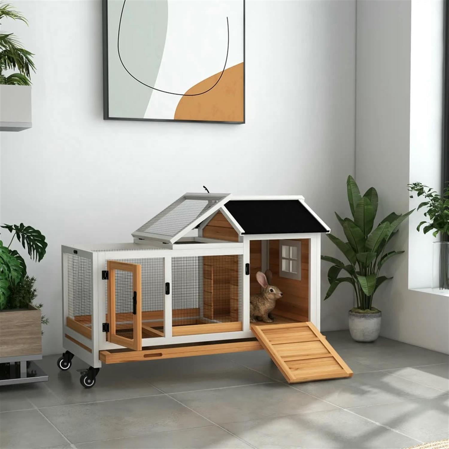 resenkos 42.5" Wooden Rabbit Hutch with Wheels and Slide-out Tray, Outdoor Small Animal Habitat Enclosure Bunny Cage for Bunnies, Guinea Pigs, Yellow