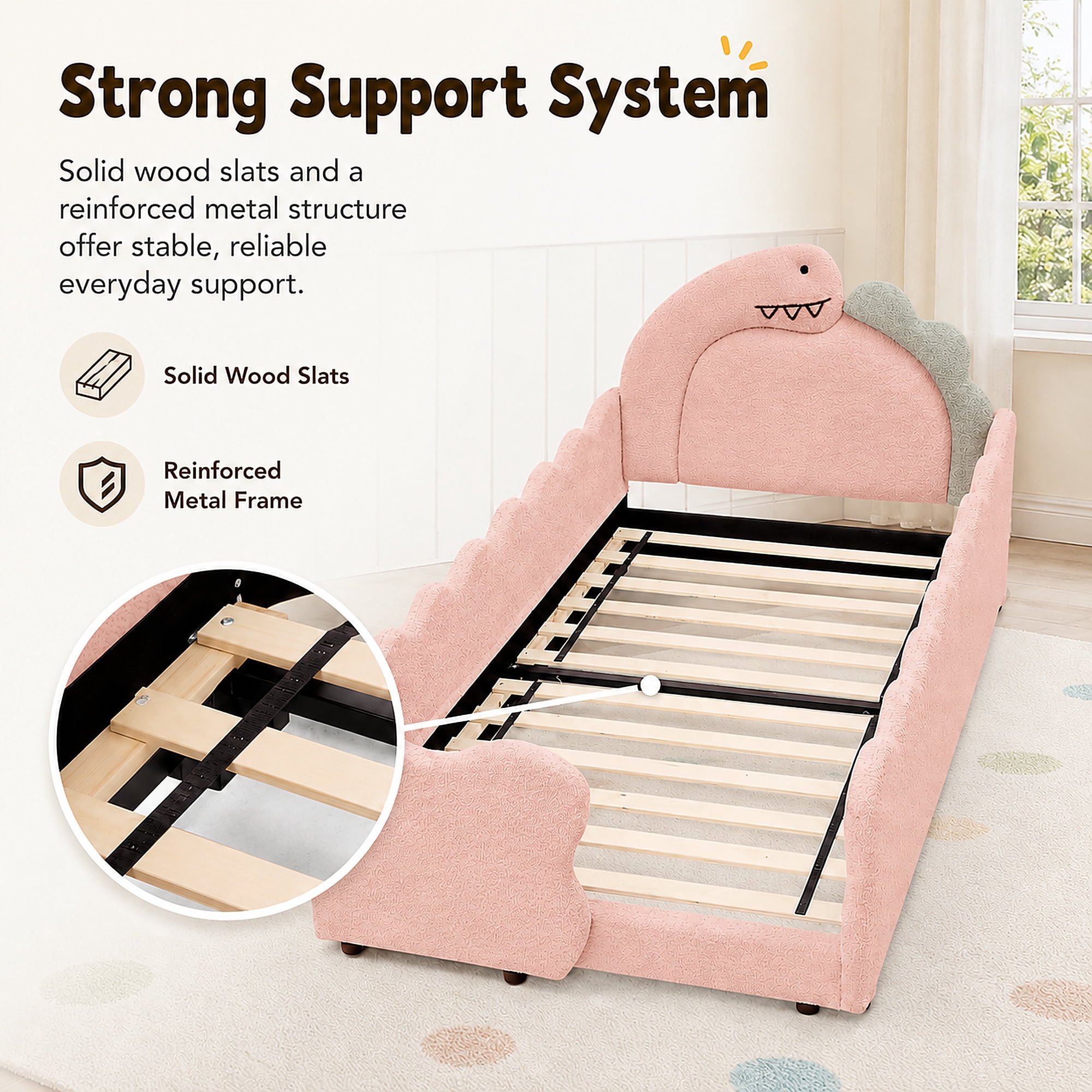 Miniyam Kids Twin Bed Frame, Boucle Upholstered Dinosaur Bed with Guardrails, Wood Slats, Pink