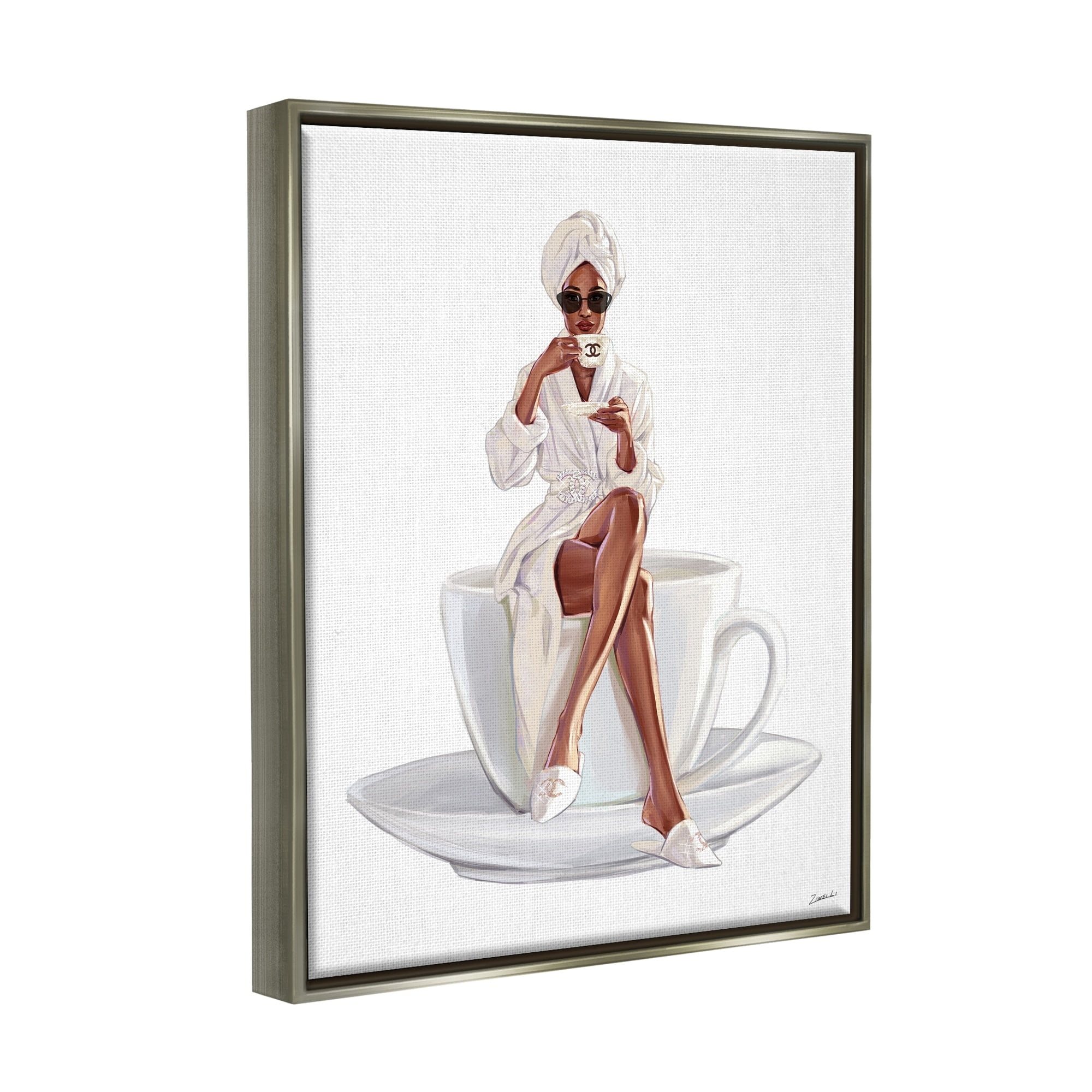 Stupell Industries Chic Coffee Teacup Woman Sipping Robe Sunglasses Luster Gray Framed Floating Canvas Wall Art, 24x30, by Ziwei Li