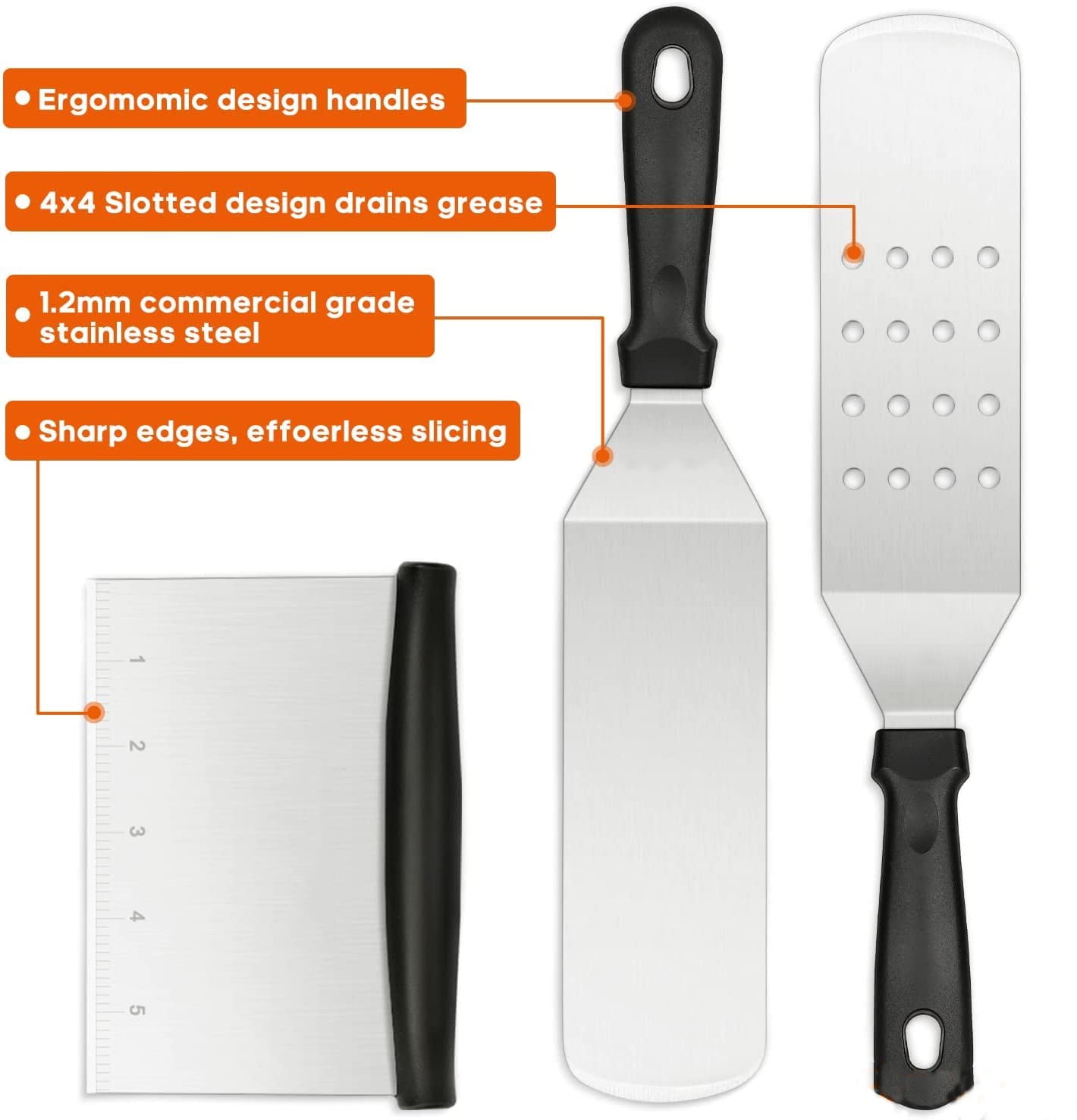 6 Pcs Flat Top Grill Accessories Set for Blackstone and Camp Chef, Enlarged Spatulas, Scraper, Tongs, Grill Spatula Kit for Outdoor BBQ