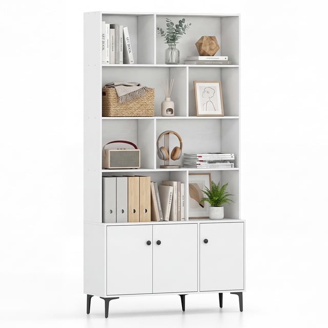 Gymax Bookshelf w/ Doors 5-Tier Floor Standing Bookcase w/ 2 Anti-Tipping Kits White
