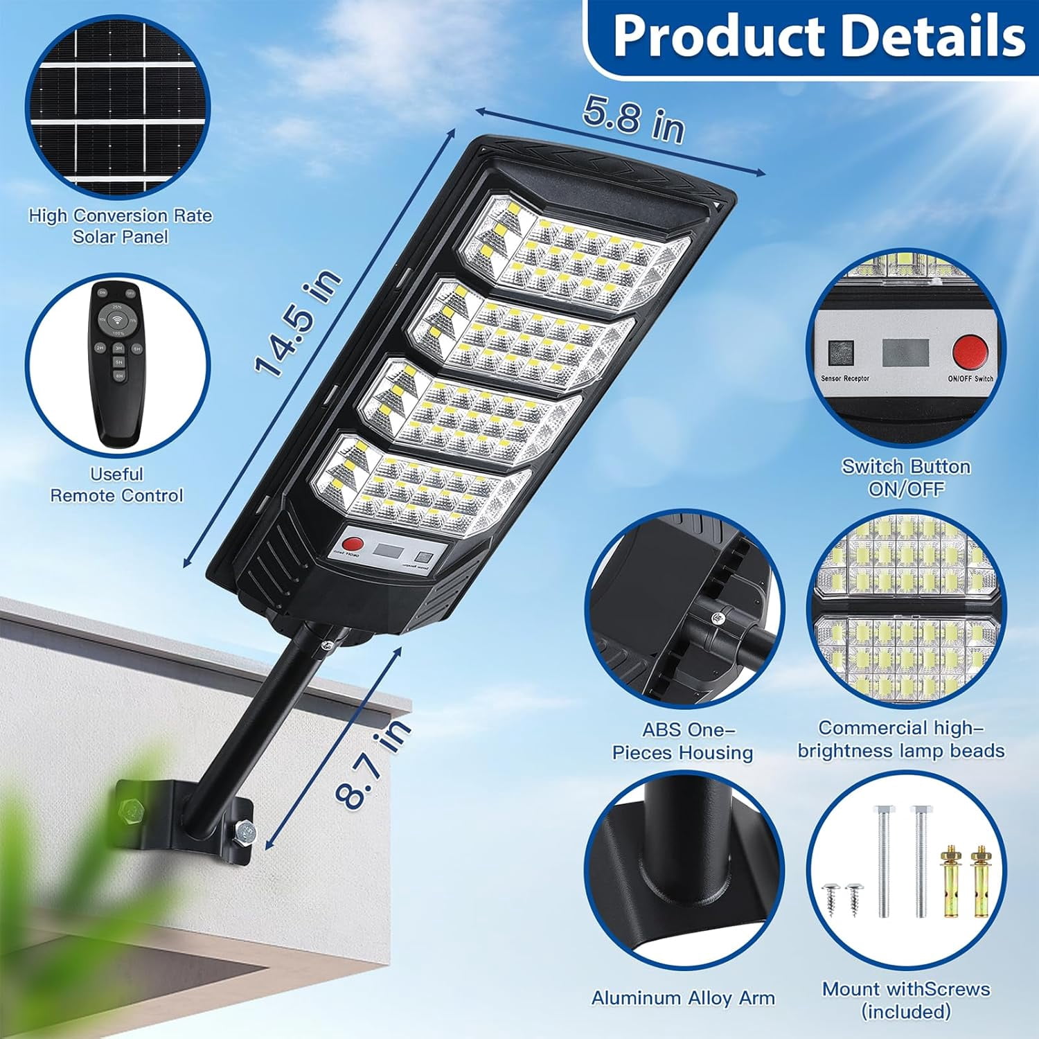 Solar Street Light Solar Security Flood Lights Pole Barn Commercial Parking Lot Lights Outdoor Dusk to Dawn LED Solar Light Motion Sensor Remote Control