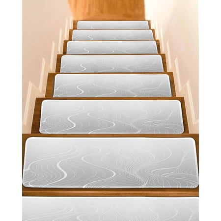 Grey Geometric Stair Treads for Wooden Steps Indoor Runner Rug Carpet Modern White Stripe Abstract Distortion Art 15 Pieces Peel and Stick Staircase Step Treads Covers Washable Throw Door Mats 30 x8