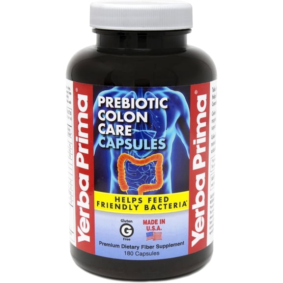 Yerba Prima Prebiotics Colon Care Fiber Caps, 180 Capsules - Five Forms of Fiber Plus FOS Pre-biotics - Dietary Health Supplement - Healthy Soluble & Insoluble Fibers for Regularity