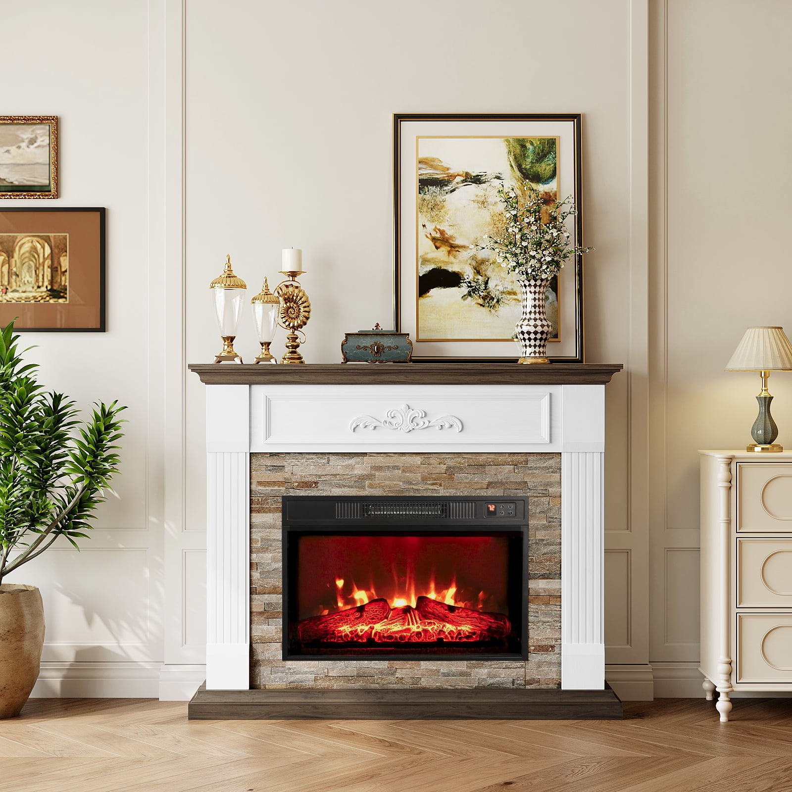44"L Electric Fireplace Mantel Wooden Surround Firebox, Free Standing Fireplace, with Remote Control, Adjustable LED Flame