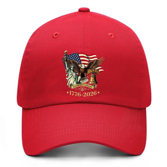 250th Anniversary USA Patriotic Red Baseball Cap Featuring Printed Celebration Artwork and Adjustable Everyday Comfort