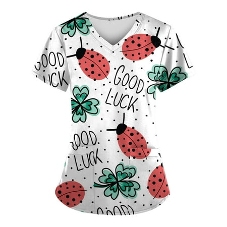 

ELFINDEA St.Parklett s Day Pocket Scrubs Blouses for Women V Neck Short Sleeve