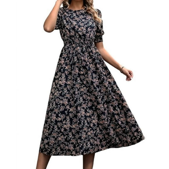 Women'S Chiffon Floral Dresses Casual Summer Boho Flutter Sleeve Flowy Western Dress Black S