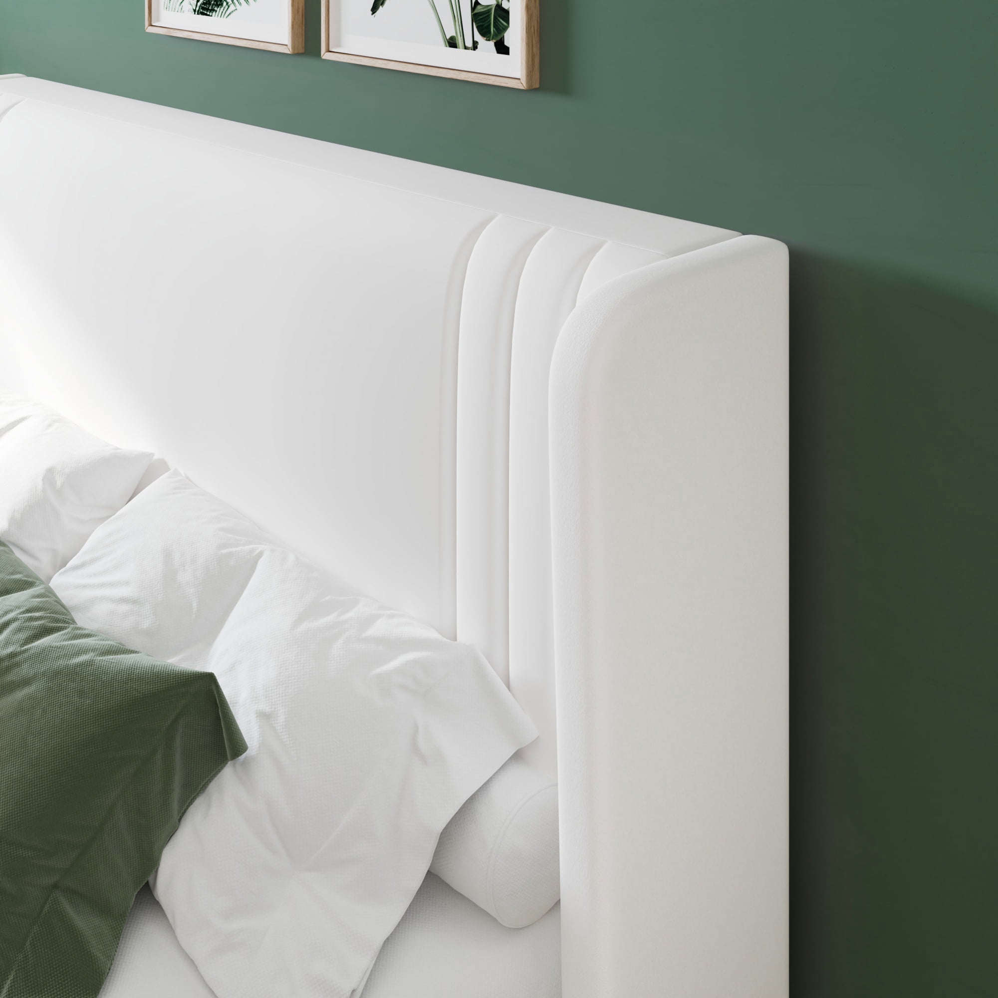 Allewie Queen Size Velvet Platform Bed Frame with Vertical Tufted Wingback Headboard, Easy Assembly, Under Bed Storage, No Box Spring Required, Modern Style, White