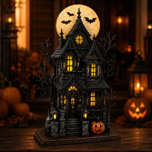 Lighted Halloween Haunted House & Character Figurine Collection, Indoor LED Light up Table Decor, Spooky Castle Ghost Pumpkin Jack O Lantern, Farmhouse Harvest Mantel Decor
