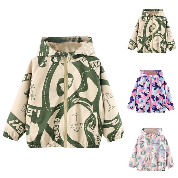 Afuyipoi Boys Girls Print Softshell Hooded Jacket Waterproof Windbreaker Outdoor Casual Zip Up Size 1-13 Green Size 4T