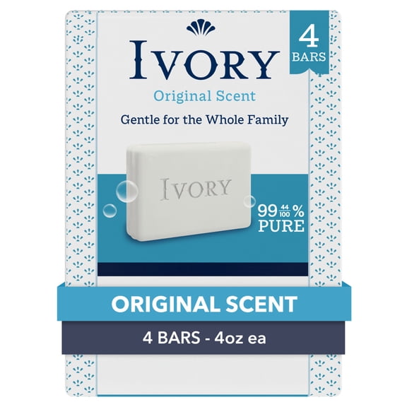 Ivory Gentle Bar Soap, Designed for Whole Family, 99.44% Pure Formula, Plant-Based Cleansers, Made Without Heavy Perfumes, Parabens or Phthalates, Original Scent, 4 oz (4 Count)