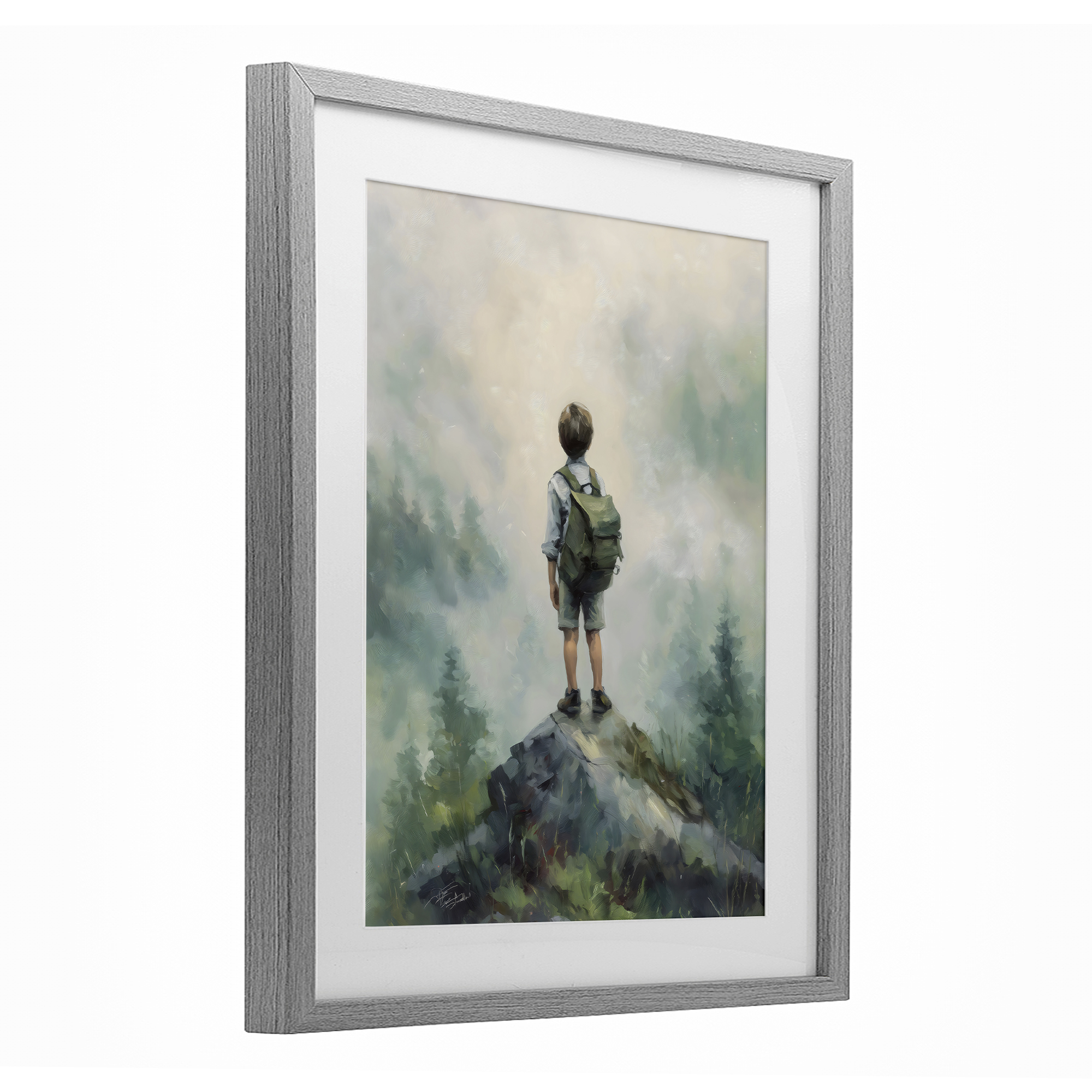 Boy Adventurer Atop Mountain Gray Framed Print Under Glass, design by Arlington Prints