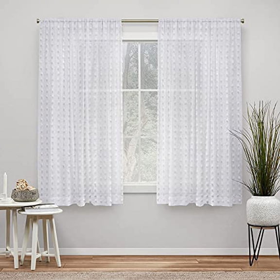 Exclusive Home Curtains Spirit Woven Pouf Applique Sheer Rod Pocket Curtain Panel Pair, 54x63, White
