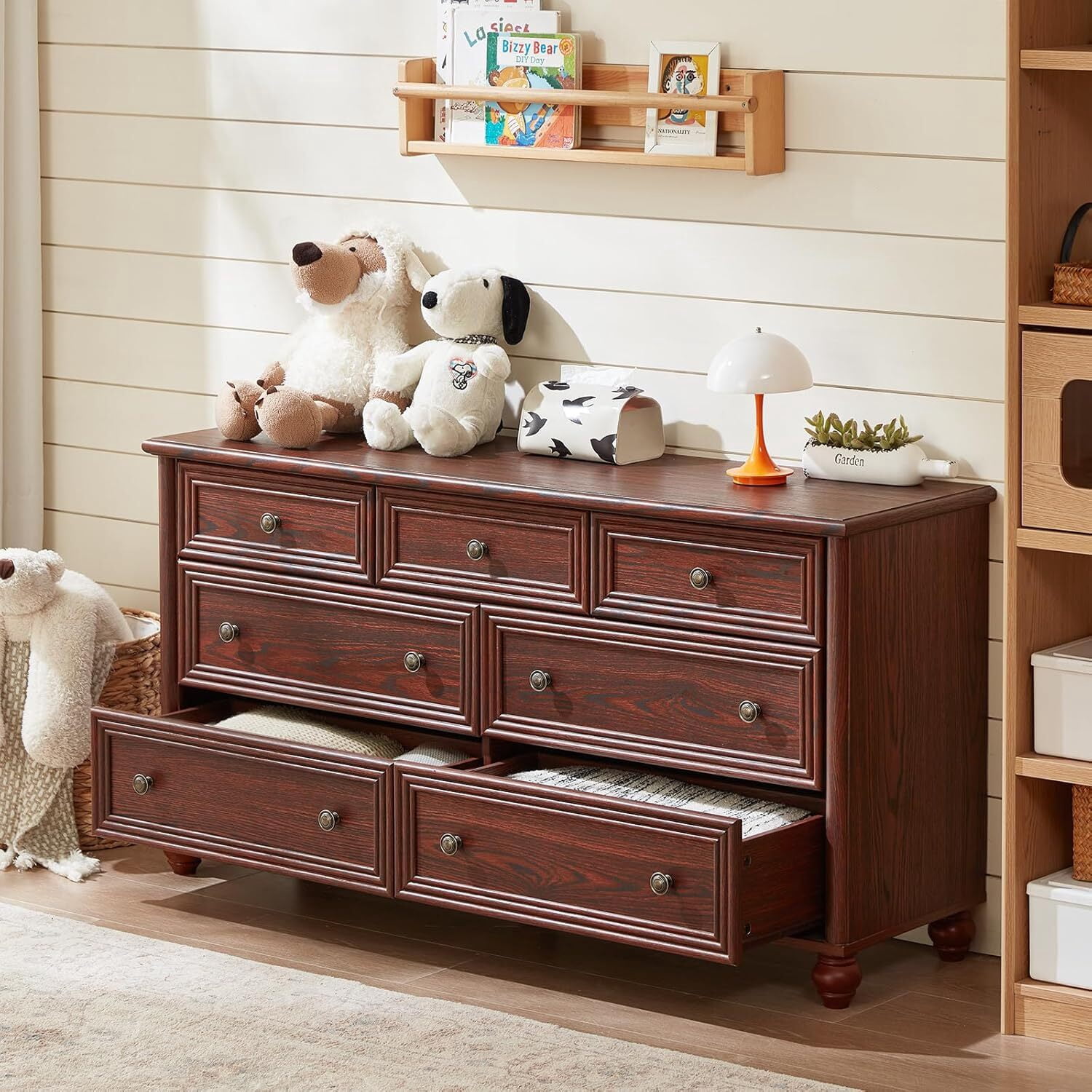 7 Drawers Dresser for Bedroom, Farmhouse 54" Wood Dressers Chest of Drawers, Vintage Design TV Stand, Rustic Storage Dresser Closet for Living Room, Red Oak