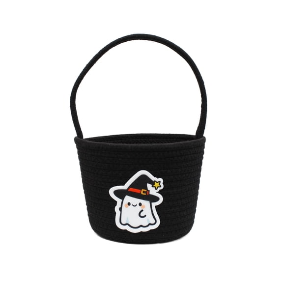 Halloween Basket with Handle Cute Bucket Cotton Rope Woven Candy Server Bag ,Cute Trick or Treat Boo Basket Pumpkin Storage Basket for Halloween Party,Black