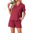 thumbnail image 4 of INSPIRE CHIC Women's Lounge Set Strawberry Print Ruffle Frill Cute Pattern Button Down Short Sleeve Pajama Shorts Sets M Red, 4 of 6