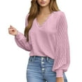 thumbnail image 1 of Top de manga larga con cuello en V y ribete de encaje para mujer - Blusa con detalle de ojales, poliéster/spandex, informal/playa - Tallas S-XXL, 1 of 6
