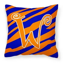 Letter W Initial  Tiger Stripe Blue and Orange Fabric Decorative Pillow