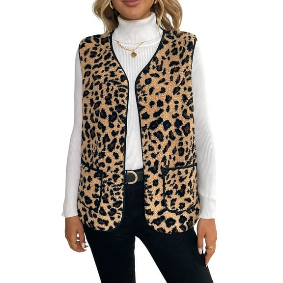 Women Spring Fall Beach Casual V Neck Sleeveless Vintage Leopard Print Jacket Coat Vest Cardigan Coffee Brown M