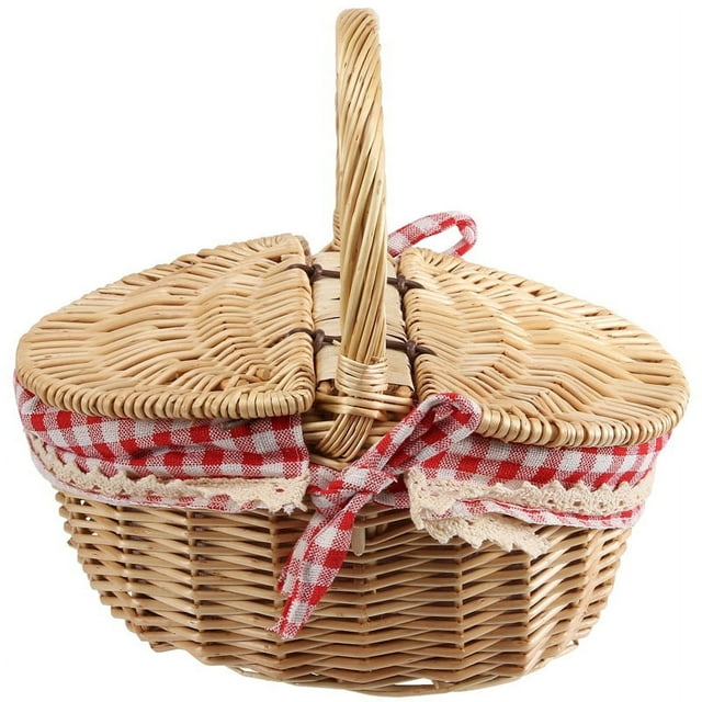 Cesta de picnic de mimbre estilo campestre con tapa, asa y forros para picnics, fiestas y barbacoas
