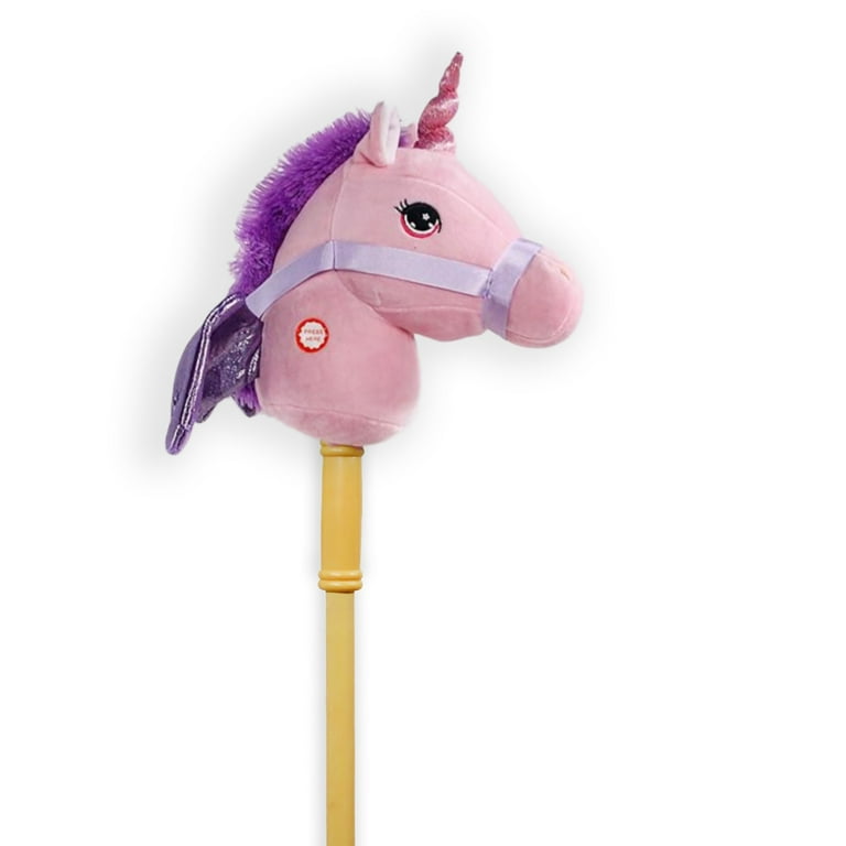 PonyLand Kids Riding Play Plush Pink Unicorn Stick Horse with