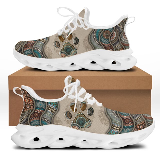 Zapatillas de deporte de malla con plataforma y cordones para mujer, zapatos bohemios con estampado de huella de perro, de malla
