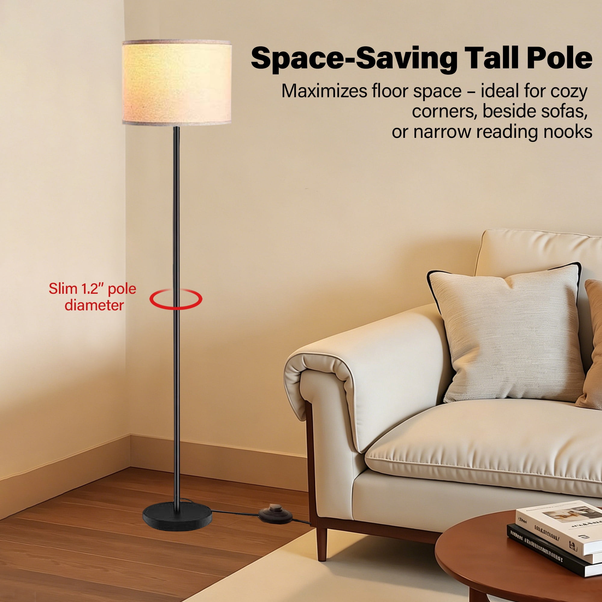 Floor Lamp for Living Room, Tall Standing Lamp with 3 Color Temperatures, Foot Switch, Modern Metal Pole with Line Shade for Bedroom, Office