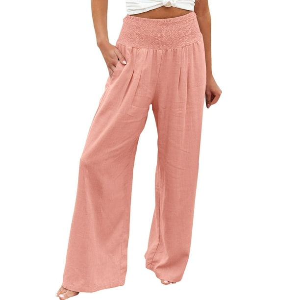 Pantalones anchos de lino de cintura alta para mujer: pantalones palazzo con cintura elástica y bolsillos para la playa/informal (S-XXL)