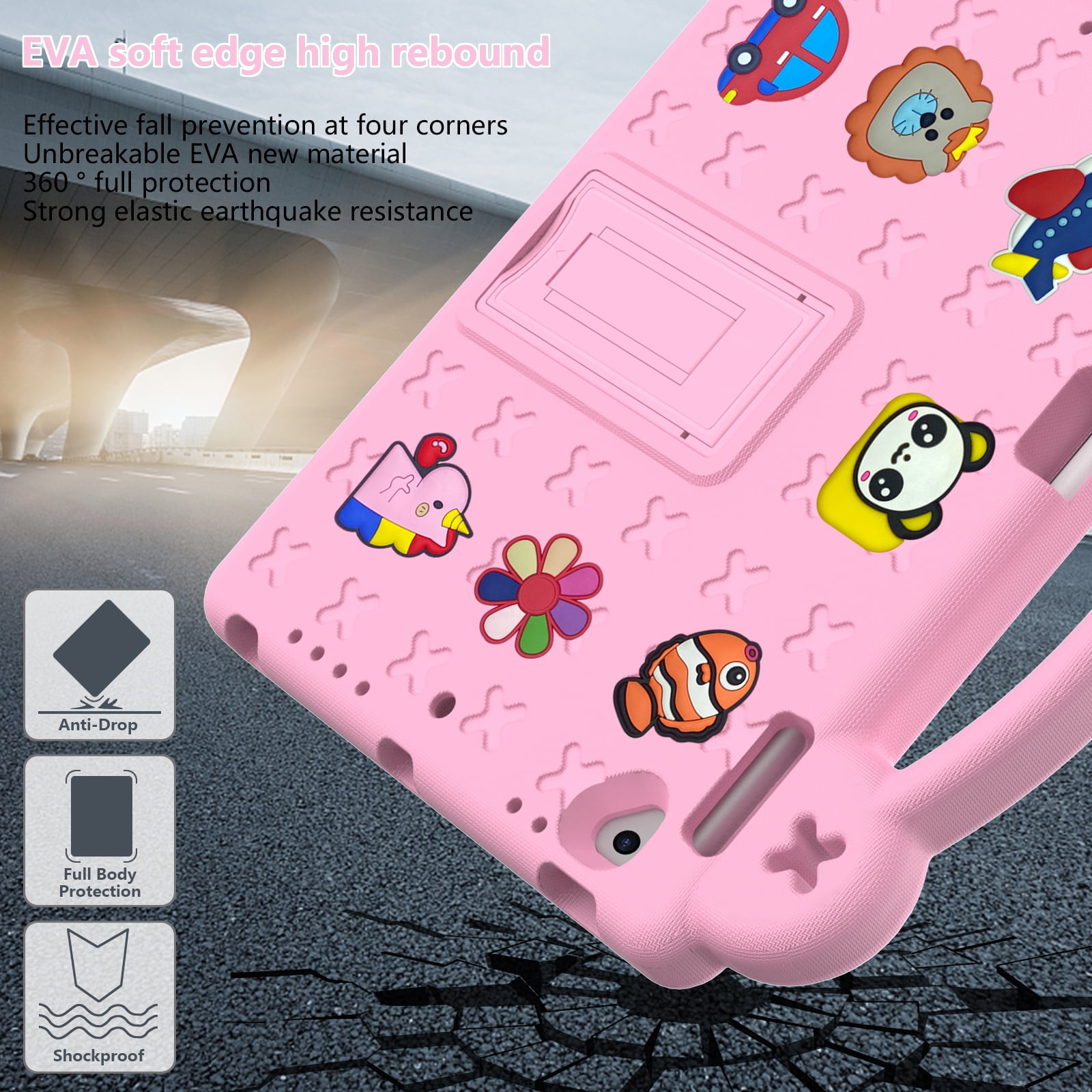 ELEHOLD Kids Case for iPad 6th/5th Gen/Pro (2018/2017/2016) 9.7 inch, EVA Foam Cute Cartoon Case with Built-in Kickstand Pencil Holder Shockproof Portable Case for iPad 9.7"/iPad Air/Air 2,Pink