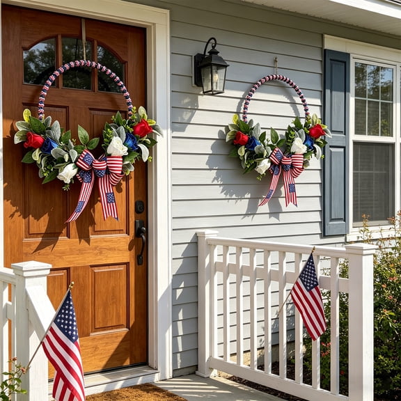 DAMAI Garland Patriotic Red White And Blue Decor, 4th of July American Flag Bow Wreath with Flowers, Home Front Door Party Ornament for Memorial Day Independence Day