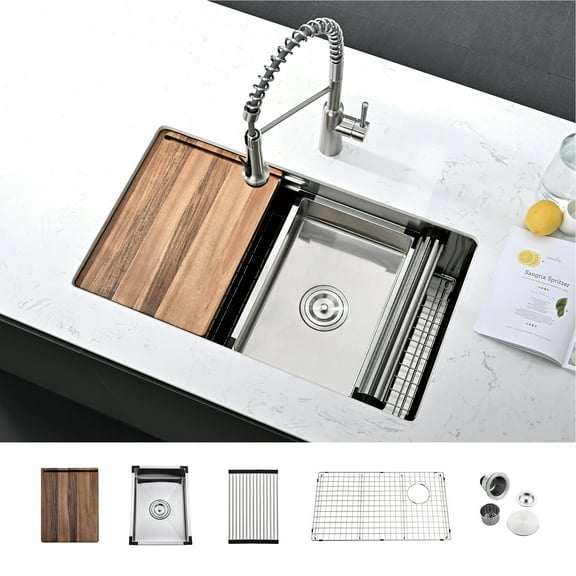 32 Inch Stainless Steel Single Bowl Undermount Workstation Double Ledges Kitchen Sink With Sliding Accessories