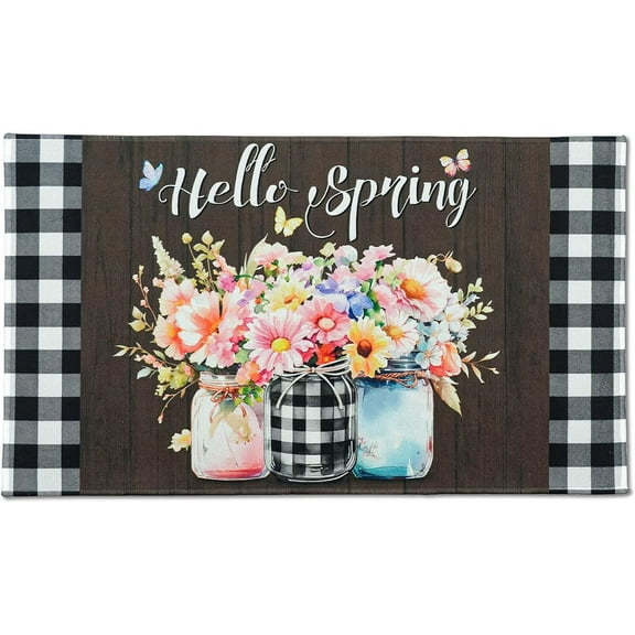 Floral Spring Welcome Doormat with Non Slip Rubber Backing,17x30 Inch Colorful Spring Outdoor and Indoor Doormat for Front Door,Entrance, Garden
