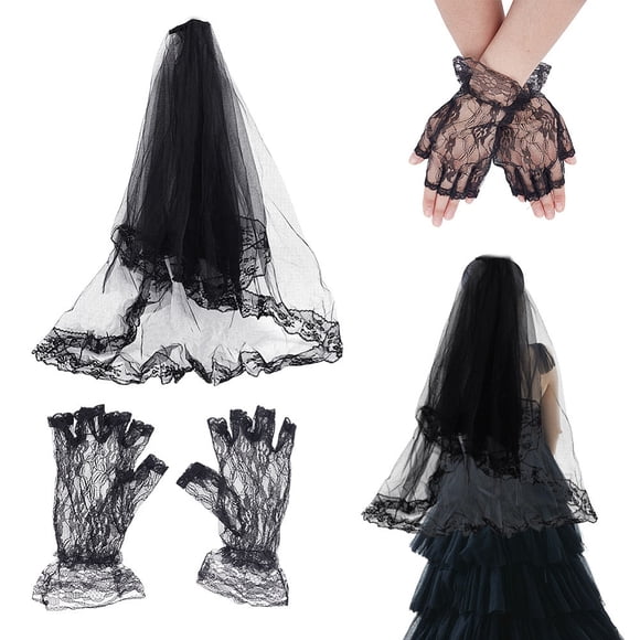 1Pc Black Lace Veil 1 Pair Gloves Wedding Veils with Comb Long Bridal Veil for Brides Wedding Prom Evening Party Fancy Dress Costume