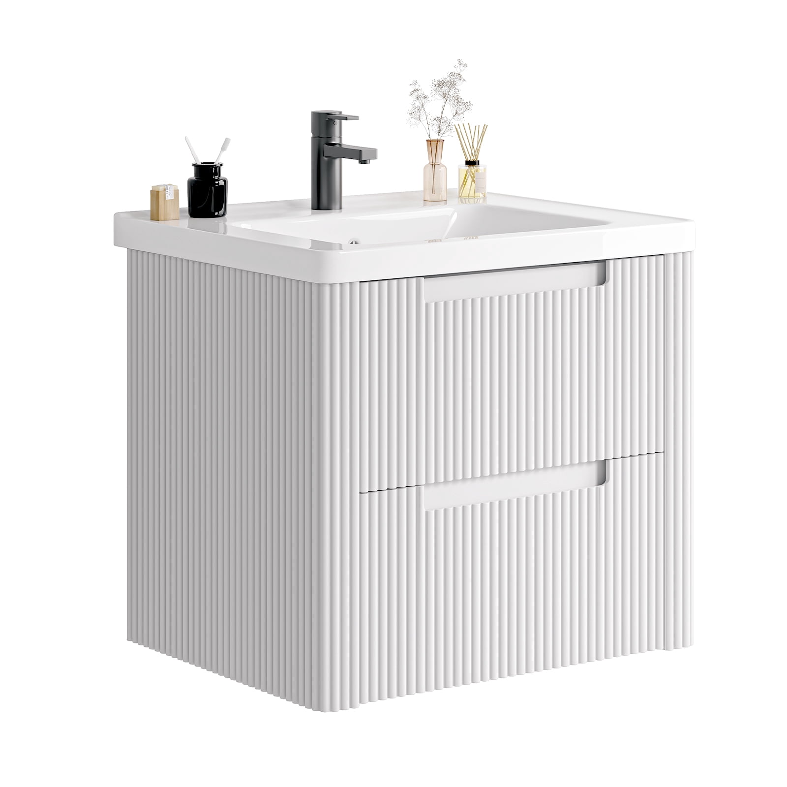 ROGALIS 24" Modern Bathroom Vanity, 2-Drawer, glossy resin Sink, Fluted Design,White