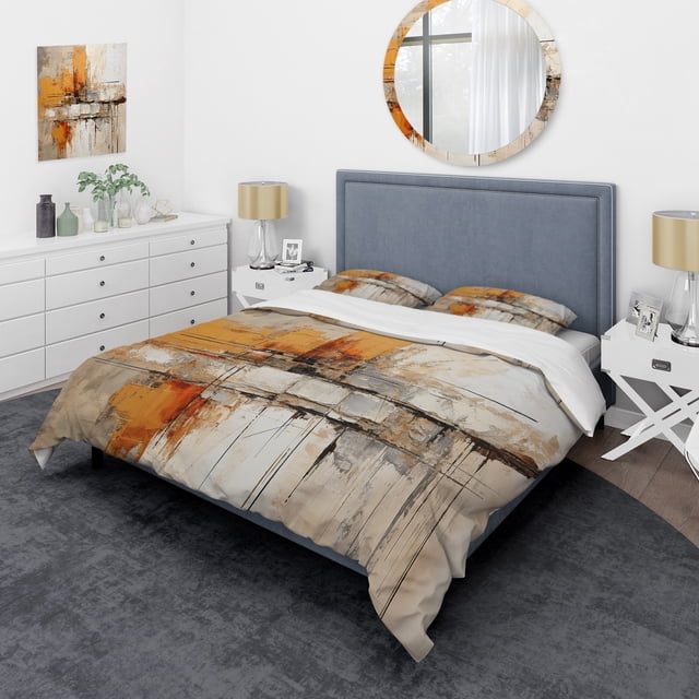 Designart "Orange Expressions II" Abstract Collages Bedding Covert Set - Transitional Yellow Abstract Bed Set With 1 Sham