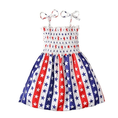 

qucoqpe Kids Baby Girls Dress Beach Dresses Casual Sleeveless American Flag Princess Sundress Summer Dress