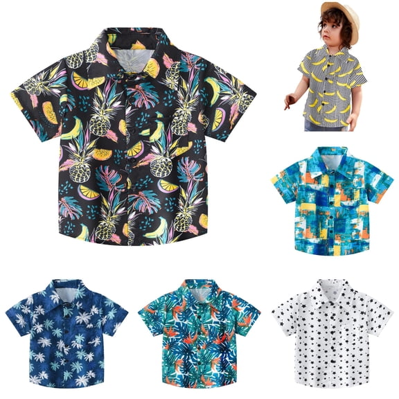 OSOLU Toddler Boys Shirt Lapel Collar Short Sleeve Full Pineapple Banana Fruit Print Button Front Playwear Tops Black