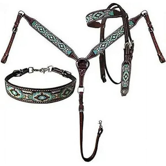 MARTIN ENTERPRISES Western Premium Leather Equestrian Trail Hand Carved Tooled Beaded Headstall, Breast Collar, Reins & Wither Straps Size Full