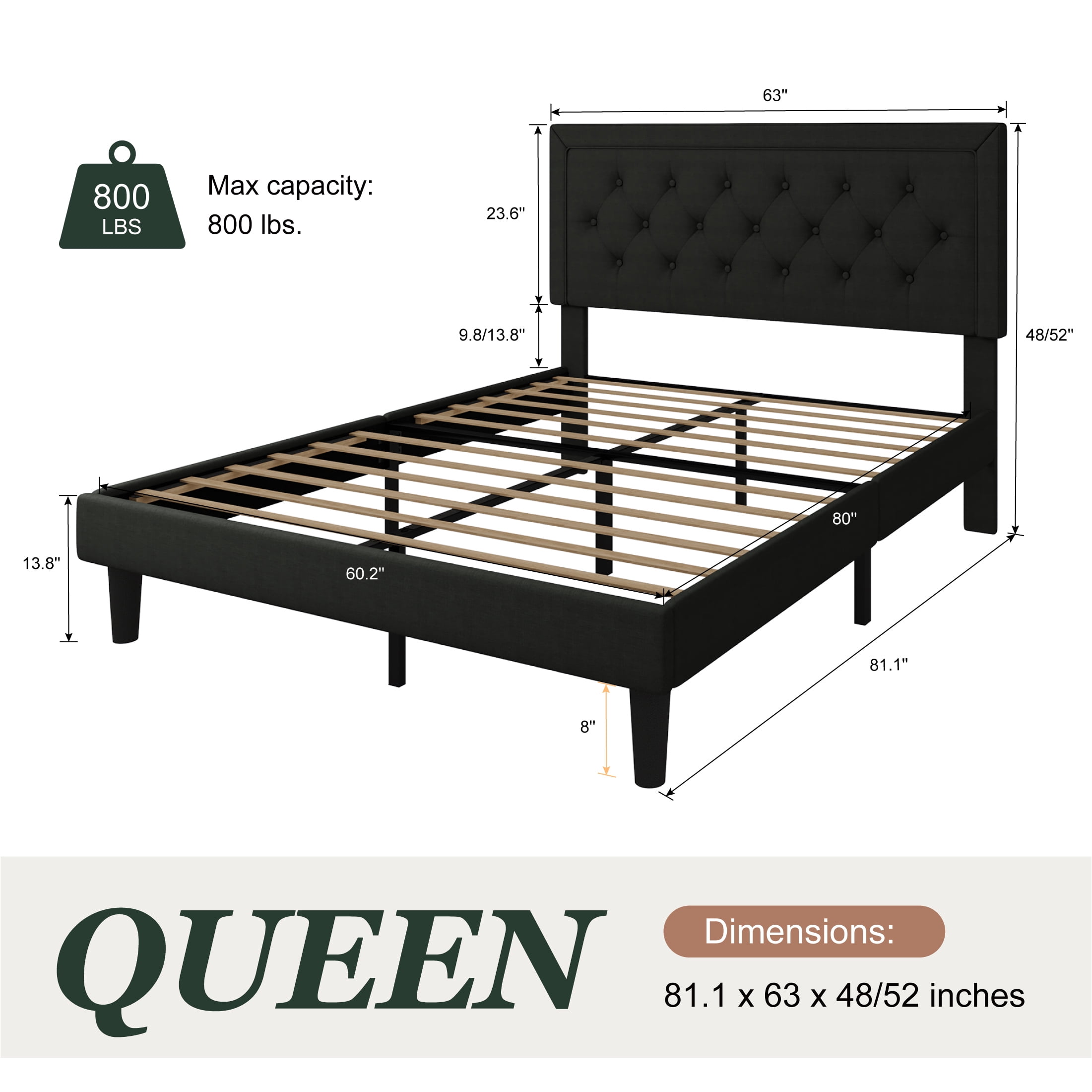 Amolife Queen Bed Frame with Adjustable Headboard, Upholstered Platform Bed, No Box Spring Required, Black