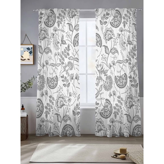 Boho Grey Floral Sheer Curtains for Living Room Bedroom Vintage Farmhouse Paisley Plant Leaf Sheer Curtains 84 Inch Long 2 Panels Set Light Filtering Curtain Window Treatments Drapes for Dining Room
