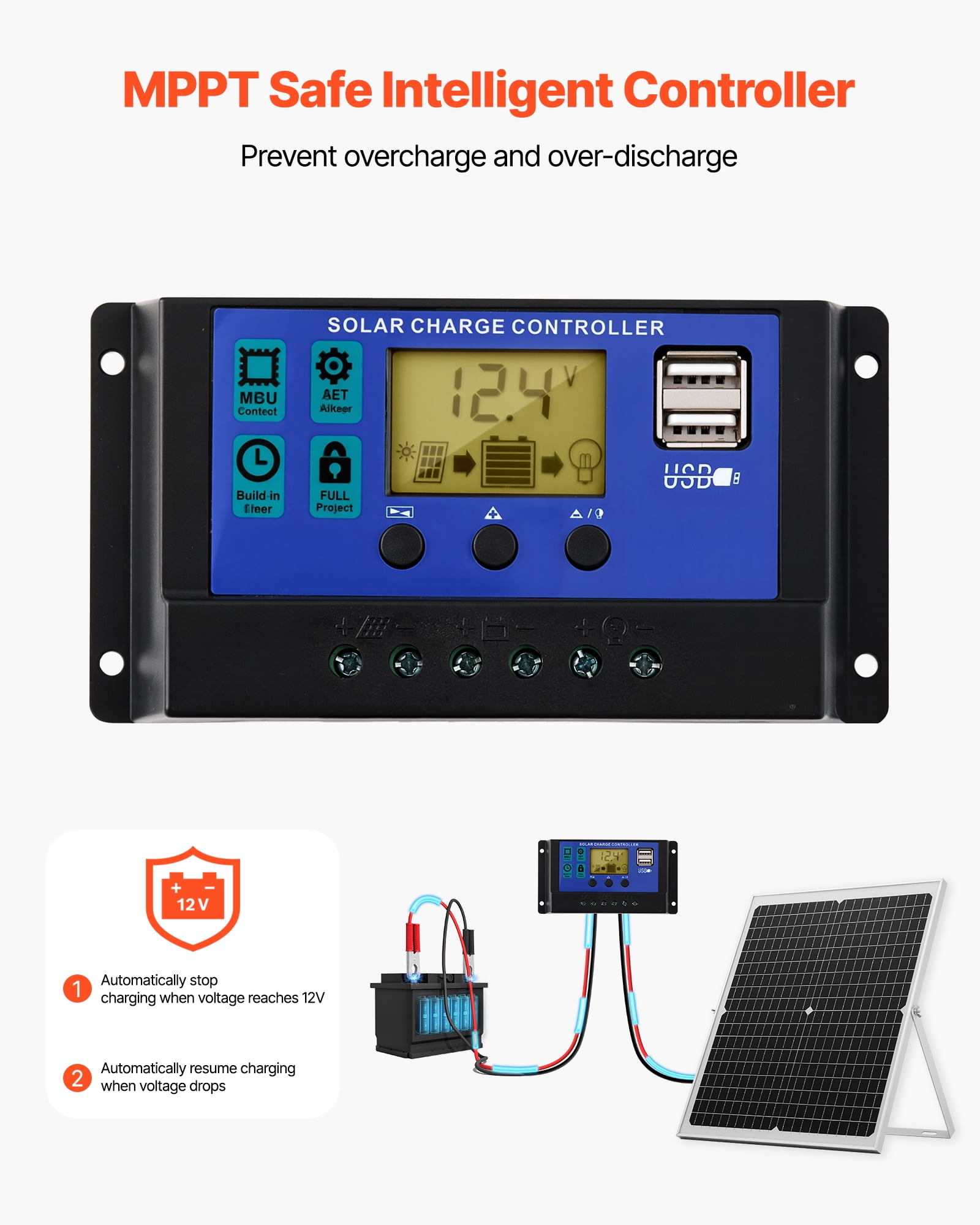 VEVOR 30W 12V Solar Panel Battery Charger, Solar Battery Trickle Charger Maintainer with Intelligent MPPT Controller & Adjustable Mount Bracket, IP67 Waterproof for Car Boat RV Motorcycle Trailer