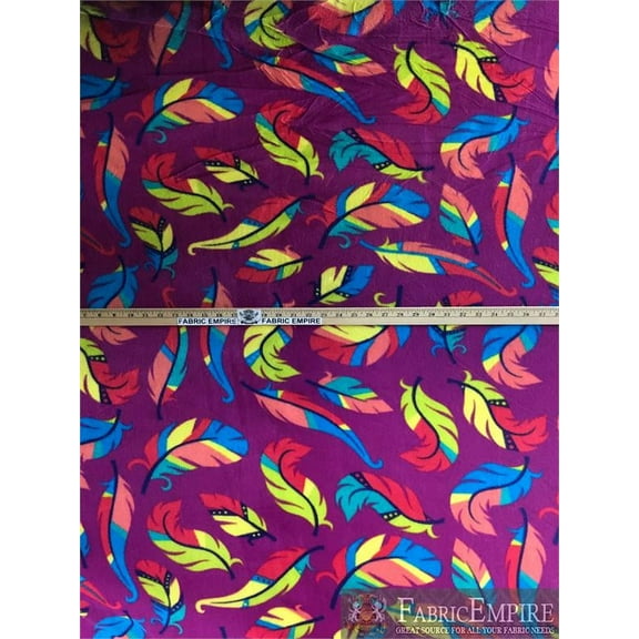 Fleece Fabric Printed ANTI PILL COLORFUL FEATHERS PURPLE BACKGROUND