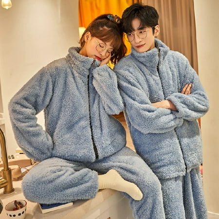 

PIKADINGNIS Autumn Winter Warm Flannel Zipper Couple Pajamas Set Women Sleepwear Family Pijama Lover Homewear Cloth Women Casual Men Pyjamas