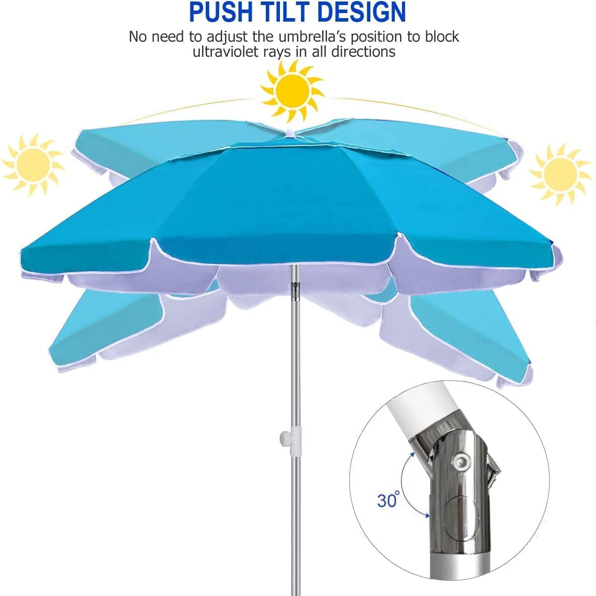 AMMSUN 6.5ft Twice Folded Portable Travel Beach Umbrella with Sand Anchor UPF50+ Protection,Sky Blue