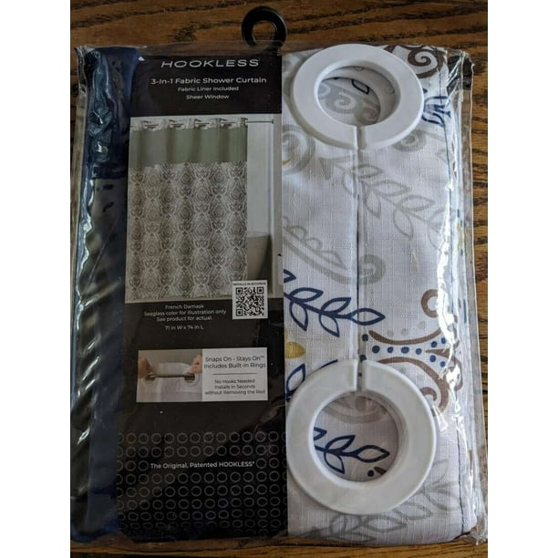 NEW Hookless French Damask Navy Shower Curtain w/ Peva Liner fabric